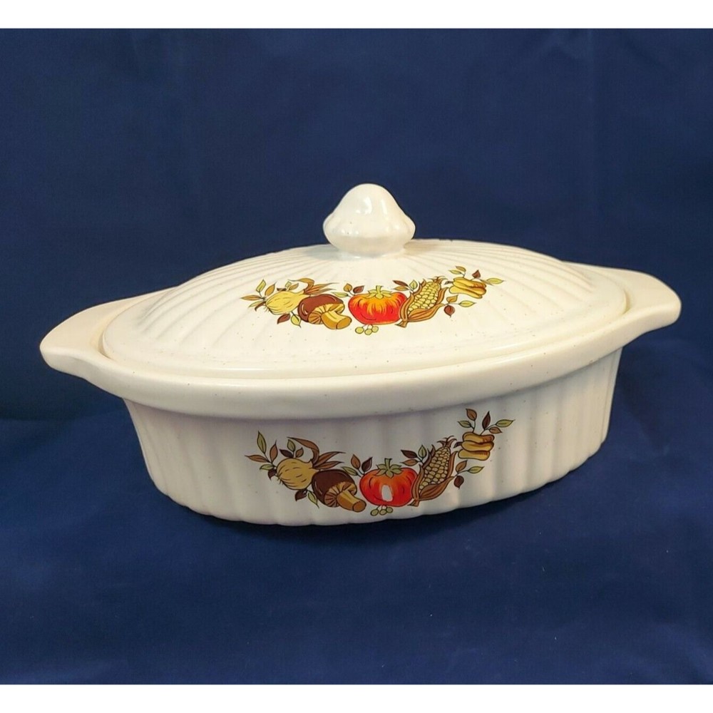 Vintage Stoneware Casserole Dish Lid Japan Vegetable Harvest Ovenproof 8.25" L